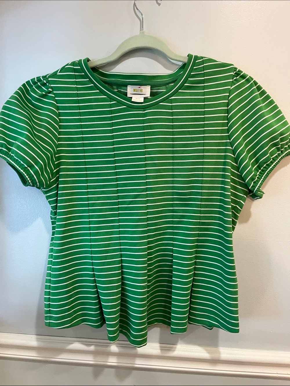 Maeve Green and White Striped Short Sleeve Tee with Peplum